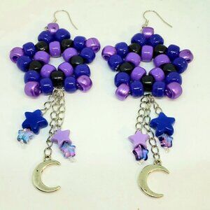 Handmade Purple Blue Galaxy Kandi Star Moon Chain Dangle Earrings